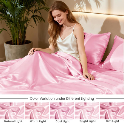 Satin Full Sheets Set, 4 Pieces, Pink, 15" Deep Pocket