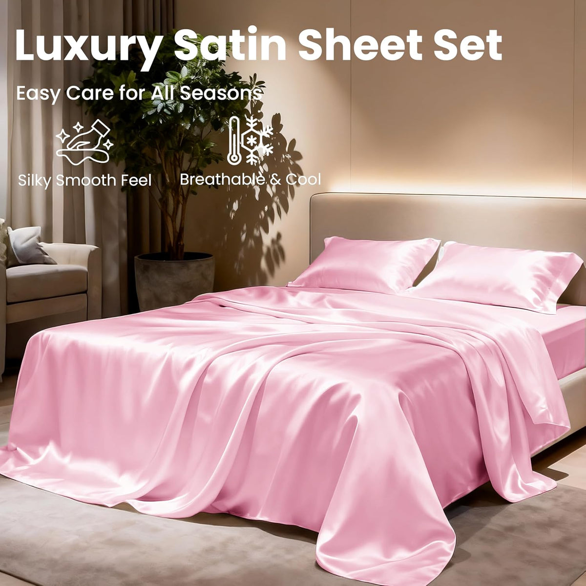 Satin Full Sheets Set, 4 Pieces, Pink, 15" Deep Pocket