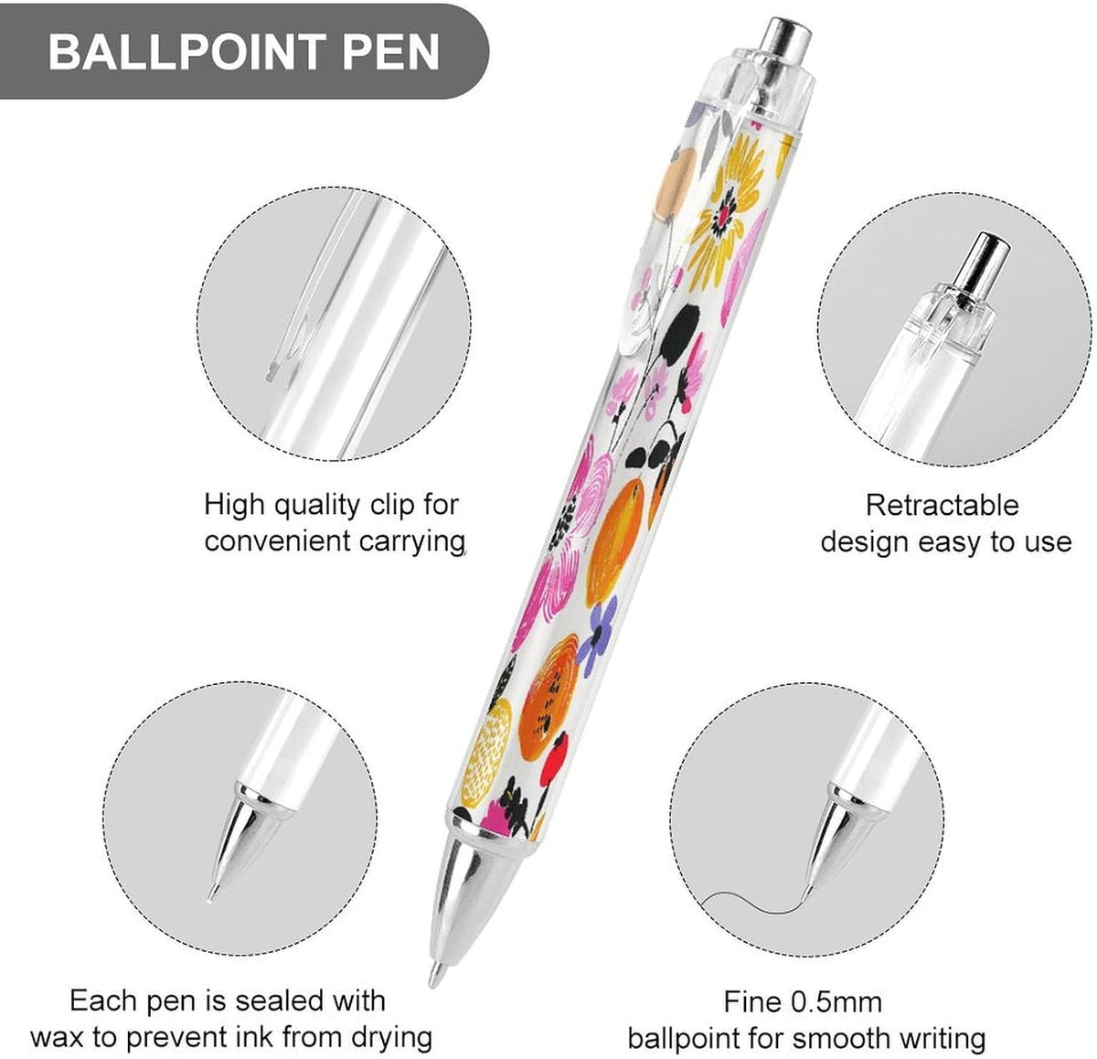 Bright Peach Flowers Ballpoint Pens Black Medium Point 0.55mm Ball Point Pen Retractable Office Pens with Super Soft Grip Writing Ink Pen for Men Women 2 PCS