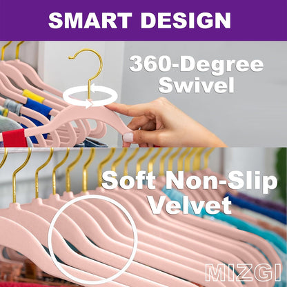 Blush Pink Velvet Hangers 60 Pack,Premium Gold Clothes Hangers Non-Slip Felt Hangers,Sturdy Pink Hangers Heavy Duty Coat Hangers,Durable Suit Hangers for Space Saving, No Hanger Marks