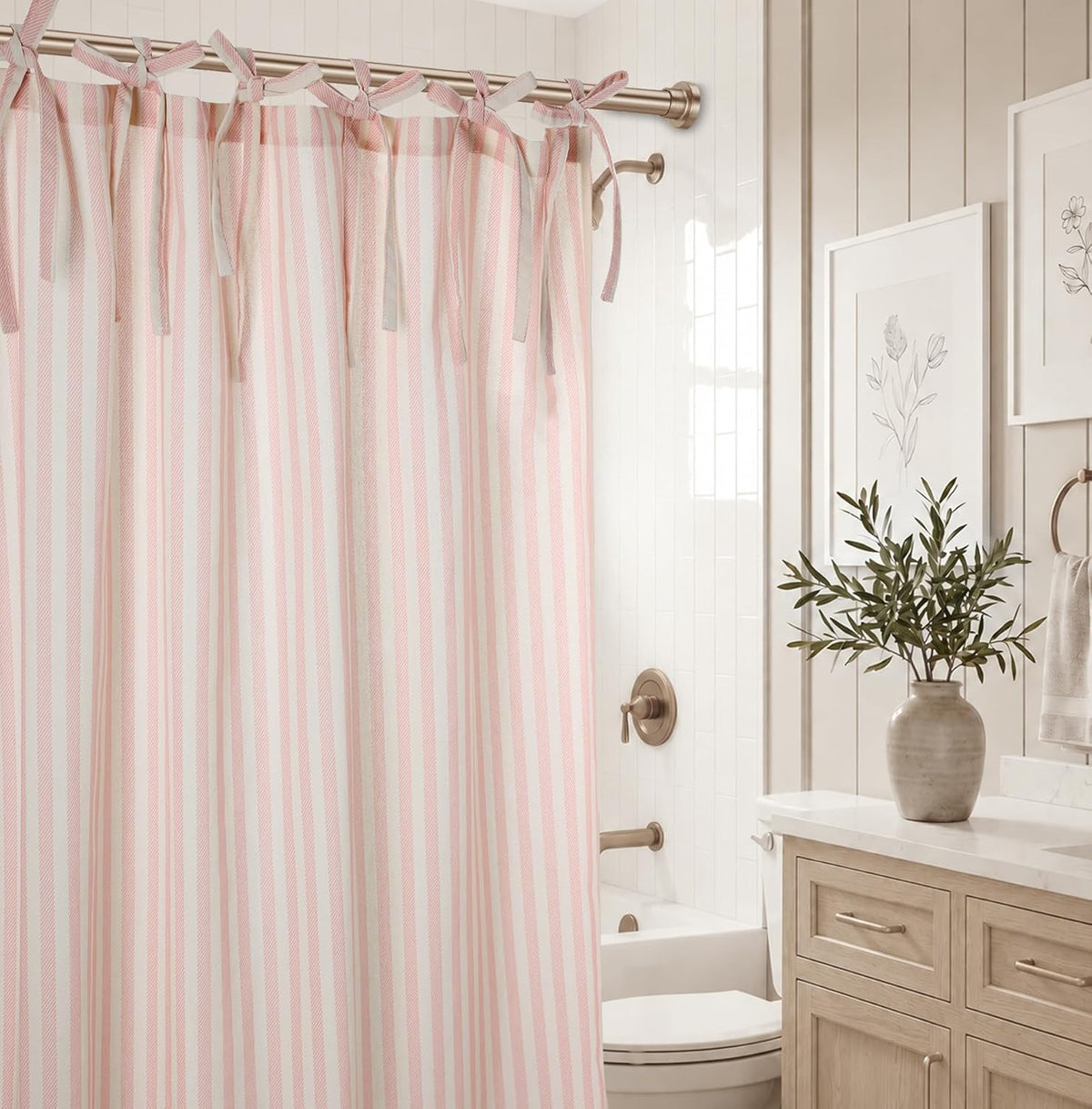 Pink Striped Shower Curtain Cotton Blend 72X72 Inches Machine Wash