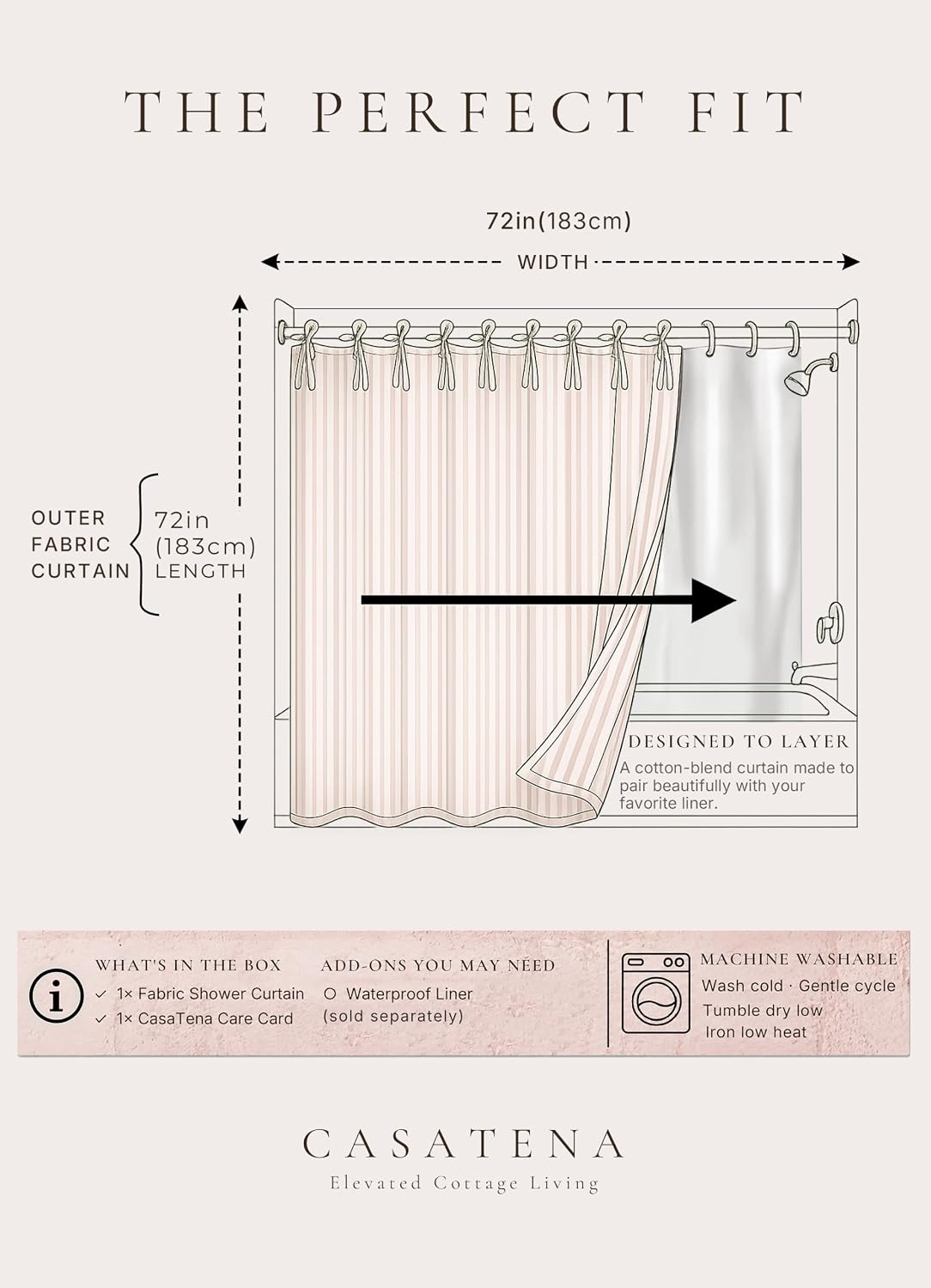 Pink Striped Shower Curtain Cotton Blend 72X72 Inches Machine Wash