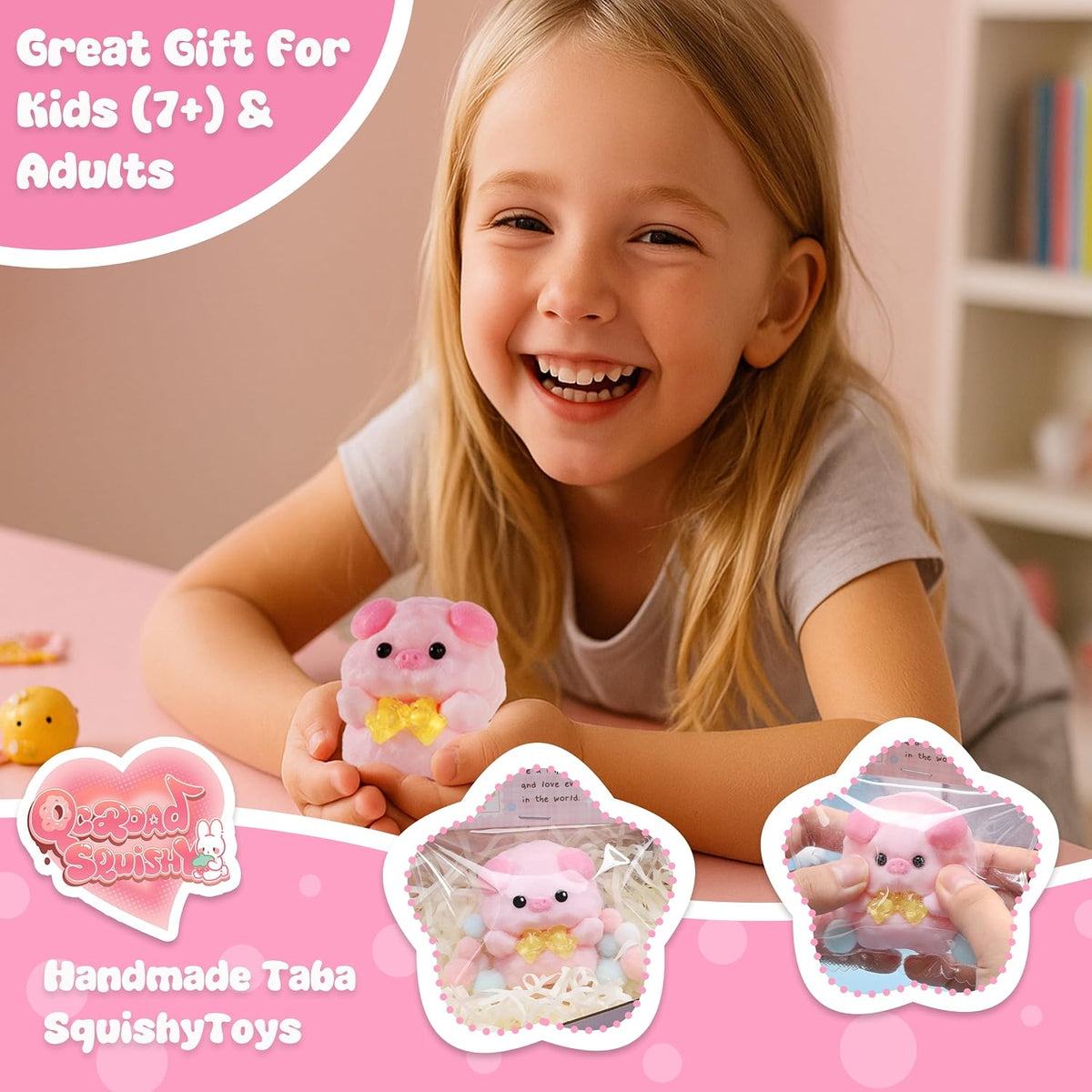 Handmade Taba Pink Pig Squishy - Original Flocked Silicone Cute Squishy Toys for Kids & Adults, Stress Relief Squeeze Toy, Party Favors & Goodie Bag Stuffers