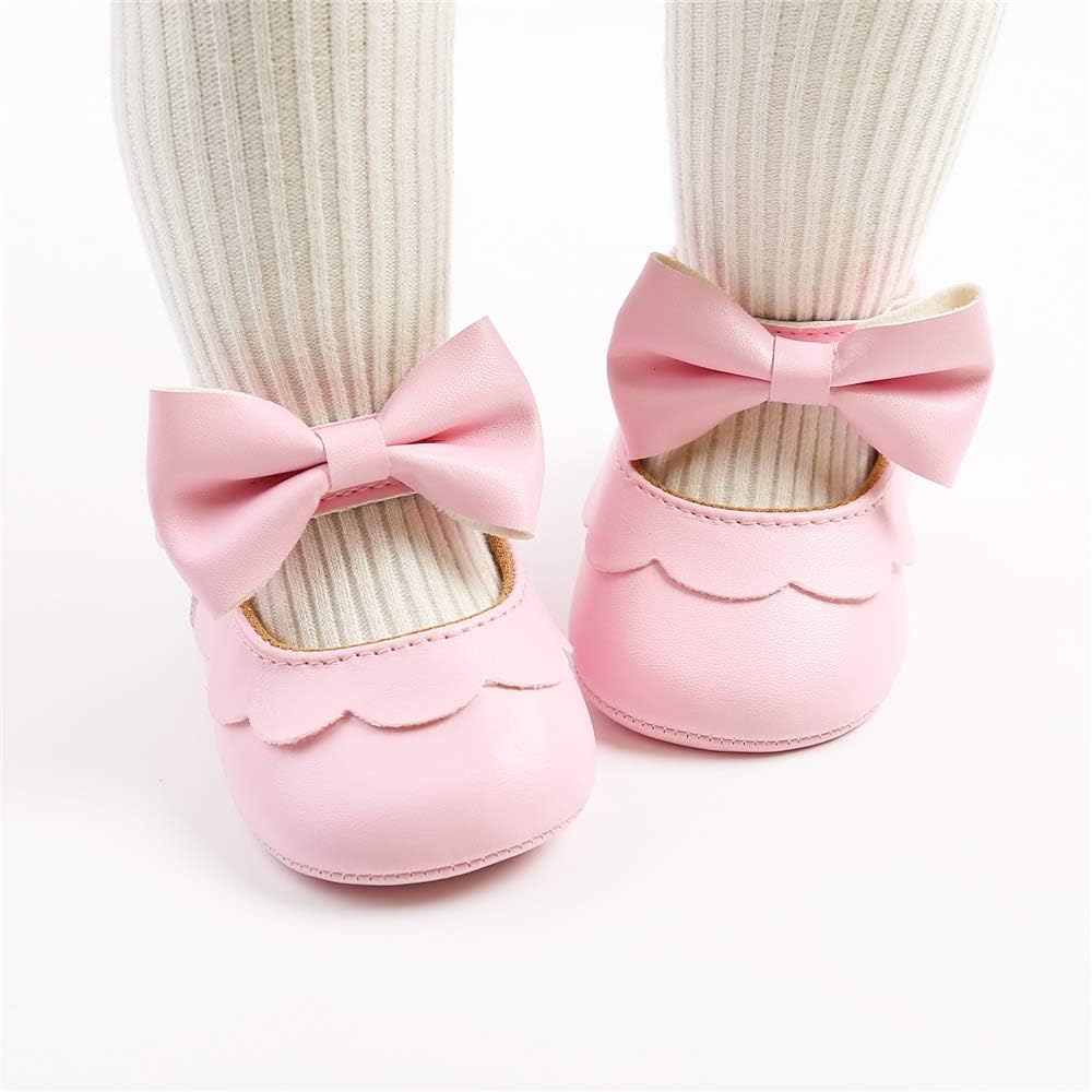 Baby Girls Mary Jane Flats with Bownot Non Slip Soft Sole PU Leather Newborn Infant Toddler First Walker Cirb Dress Shoes