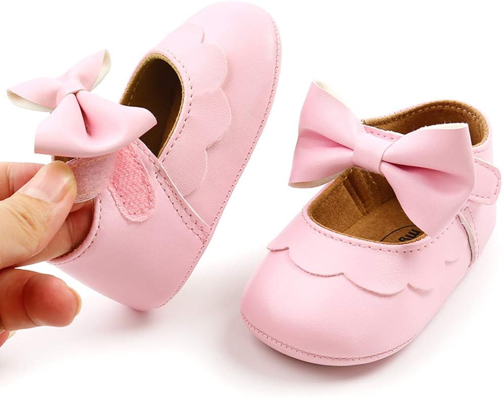 Baby Girls Mary Jane Flats with Bownot Non Slip Soft Sole PU Leather Newborn Infant Toddler First Walker Cirb Dress Shoes