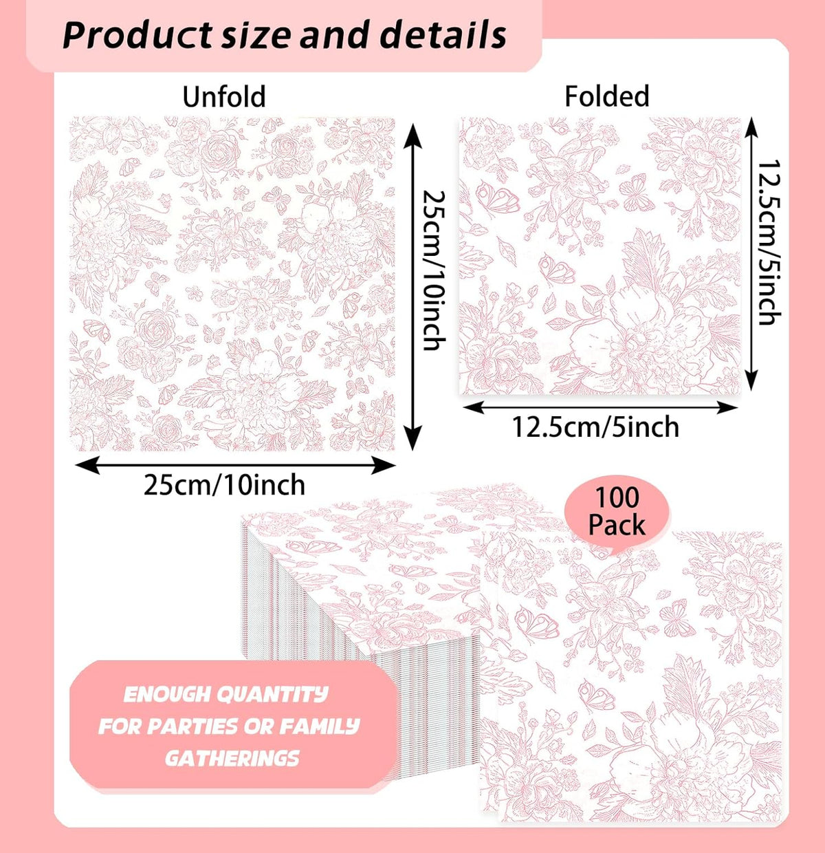 100 Pieces Pink Floral Napkins Disposable 2-Ply Pink and White Cocktail Napkins Flower Paper Napkins for Decoupage Baby Shower Wedding Tea Party Beverage Napkin