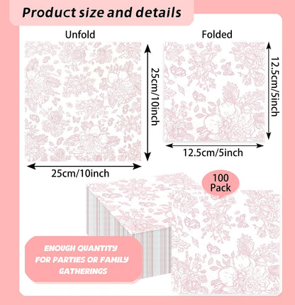 100 Pieces Pink Floral Napkins Disposable 2-Ply Pink and White Cocktail Napkins Flower Paper Napkins for Decoupage Baby Shower Wedding Tea Party Beverage Napkin