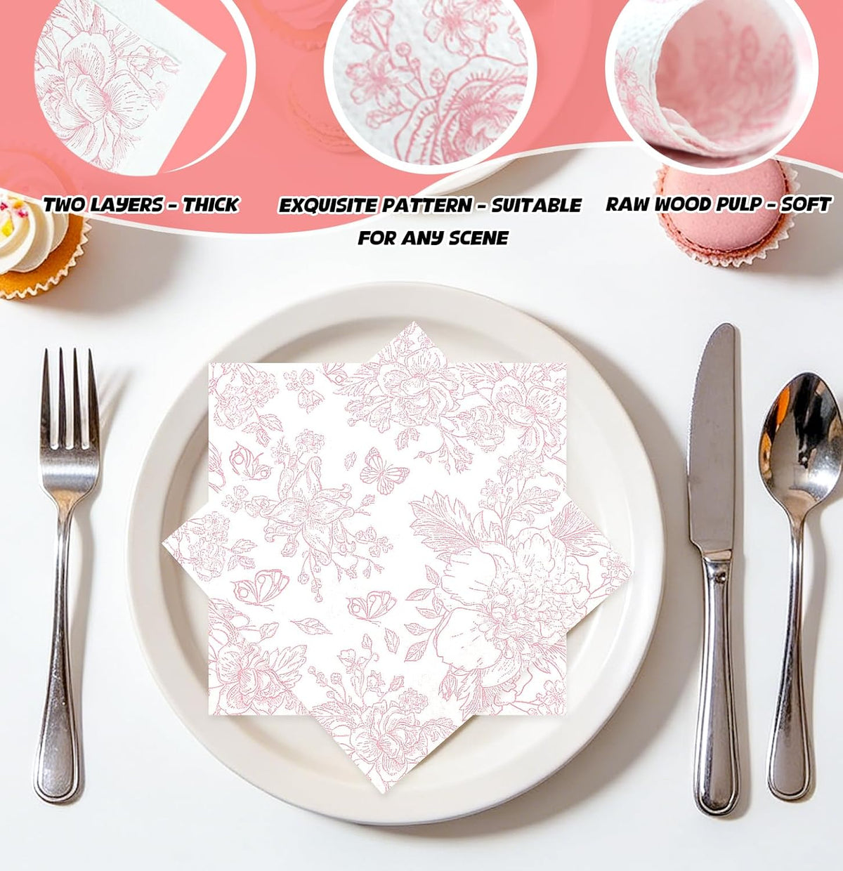 100 Pieces Pink Floral Napkins Disposable 2-Ply Pink and White Cocktail Napkins Flower Paper Napkins for Decoupage Baby Shower Wedding Tea Party Beverage Napkin