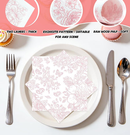 100 Pieces Pink Floral Napkins Disposable 2-Ply Pink and White Cocktail Napkins Flower Paper Napkins for Decoupage Baby Shower Wedding Tea Party Beverage Napkin