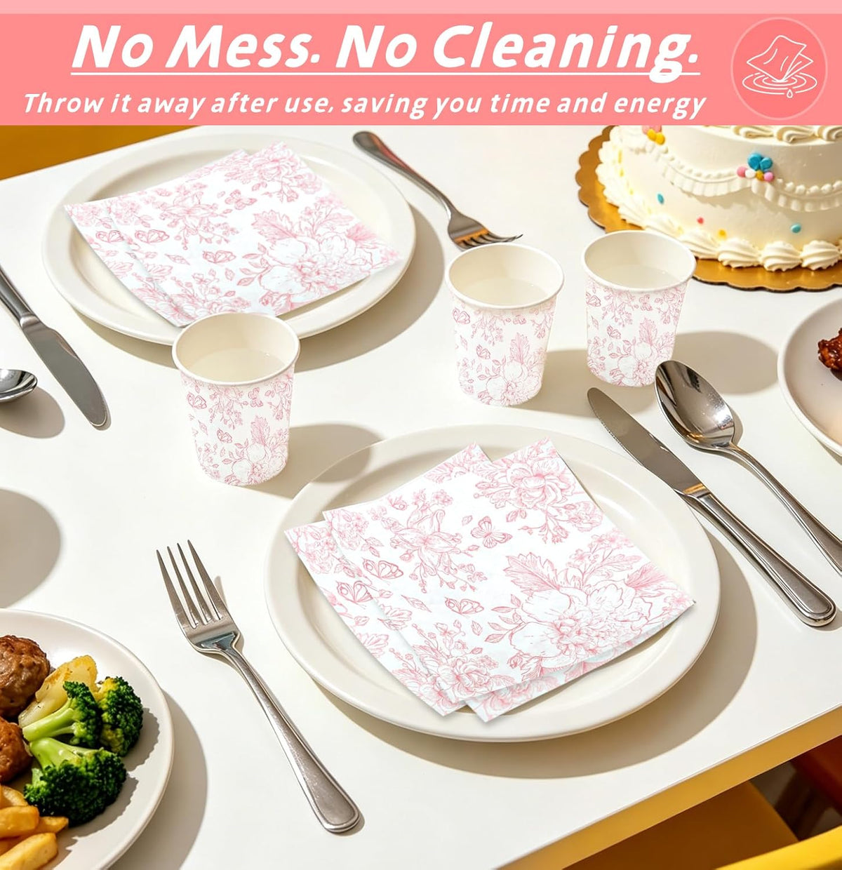 100 Pieces Pink Floral Napkins Disposable 2-Ply Pink and White Cocktail Napkins Flower Paper Napkins for Decoupage Baby Shower Wedding Tea Party Beverage Napkin