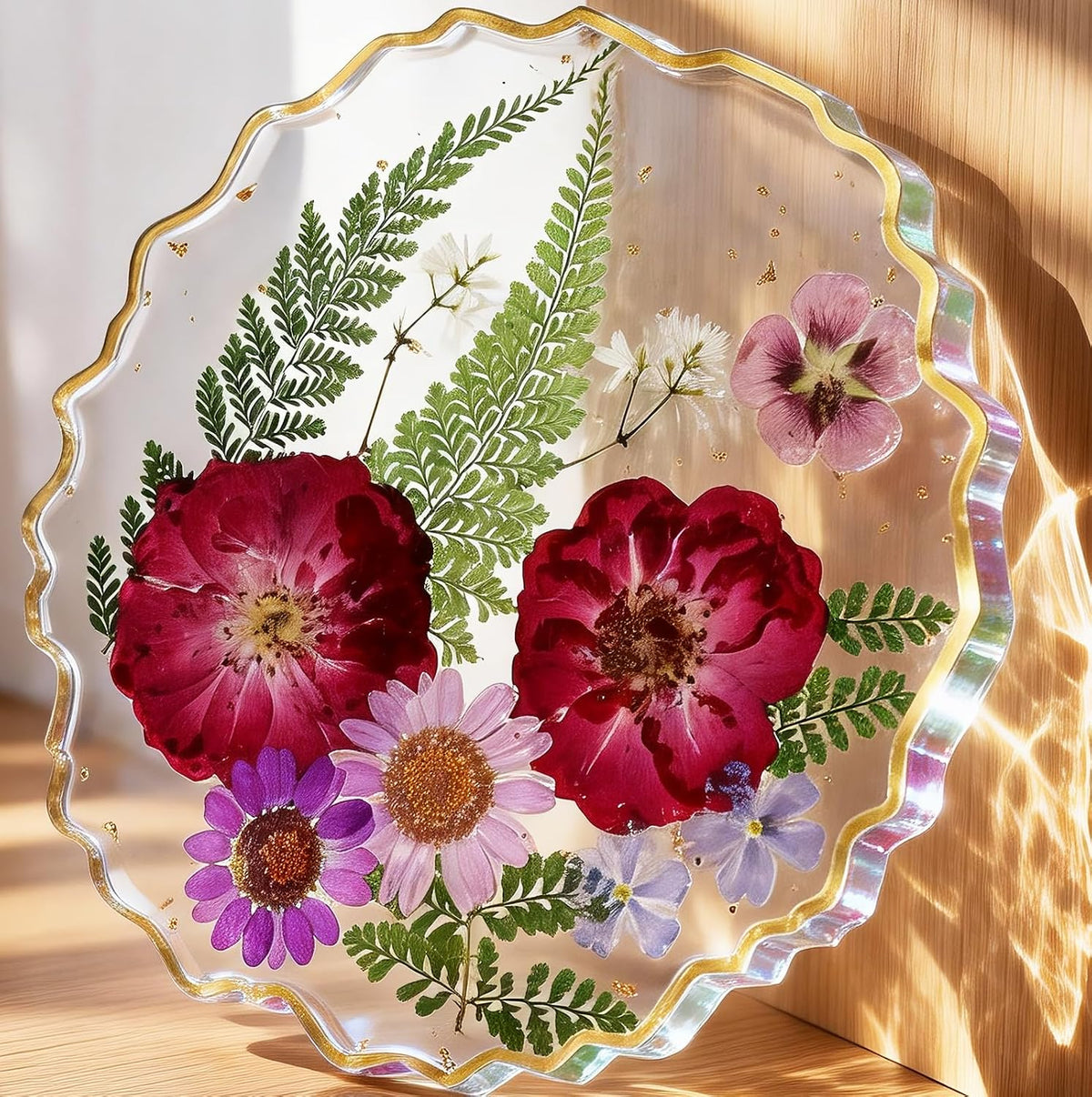 Resin Drink Coaster for Desk Coffee Table-Purple Pink Cute Dried Flowers Cup Coaster for Work Office Home Outdoor Decor Gifts for Girls Women,1 Pcs Wave