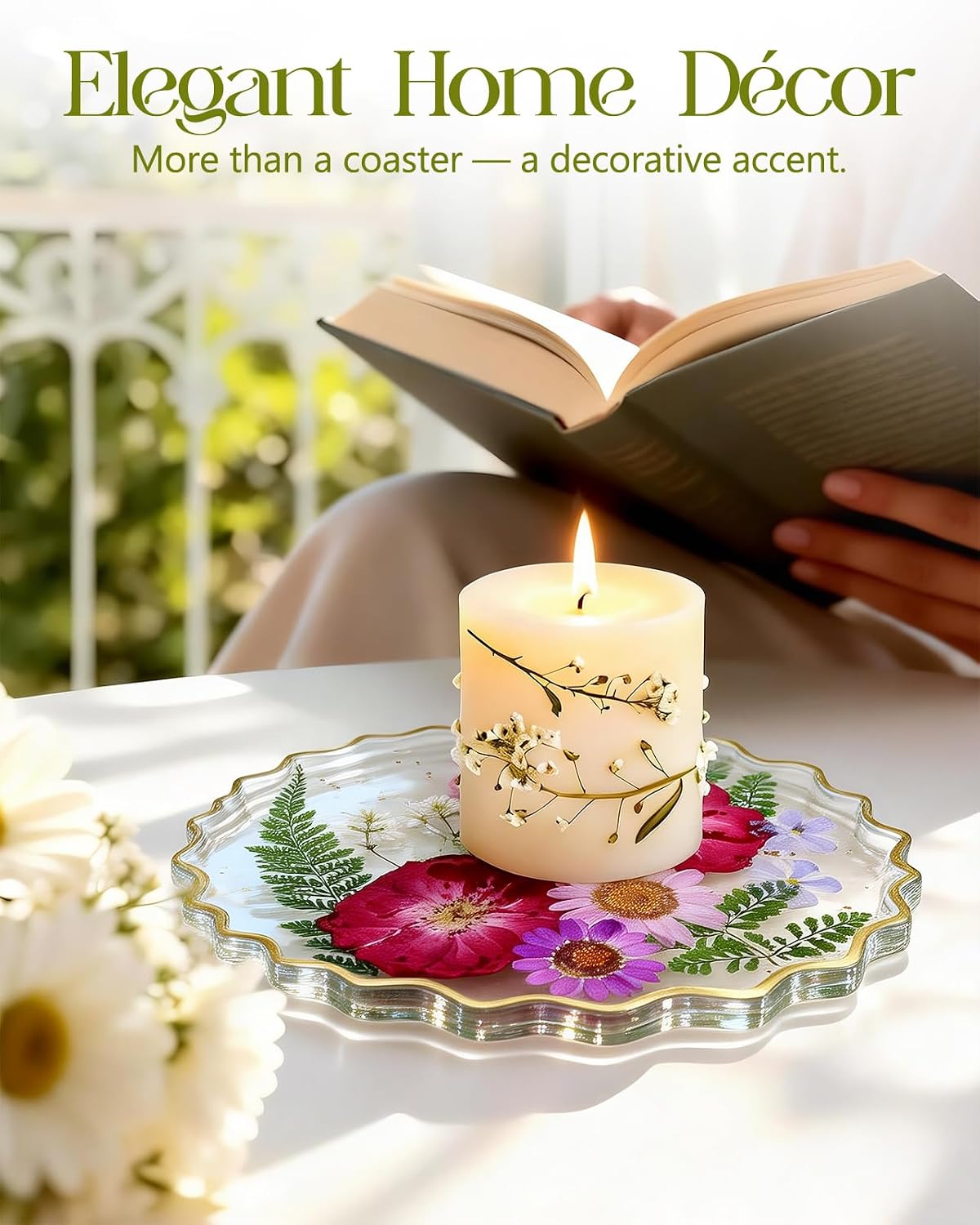 Resin Drink Coaster for Desk Coffee Table-Purple Pink Cute Dried Flowers Cup Coaster for Work Office Home Outdoor Decor Gifts for Girls Women,1 Pcs Wave
