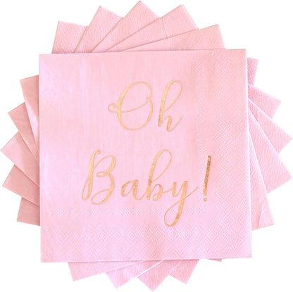 Baby Shower Napkins - 50 Pack Disposable Paper Luncheon Cocktail Napkins with Foil "Oh Baby!" Folded 6.5"x6.5" for Girl Baby Shower Party (Pink with Rose Gold)