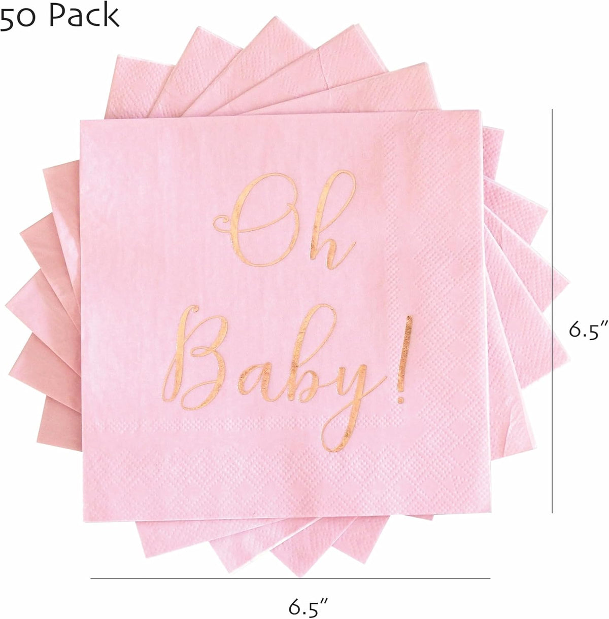 Baby Shower Napkins - 50 Pack Disposable Paper Luncheon Cocktail Napkins with Foil "Oh Baby!" Folded 6.5"x6.5" for Girl Baby Shower Party (Pink with Rose Gold)