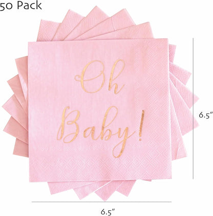 Baby Shower Napkins - 50 Pack Disposable Paper Luncheon Cocktail Napkins with Foil "Oh Baby!" Folded 6.5"x6.5" for Girl Baby Shower Party (Pink with Rose Gold)