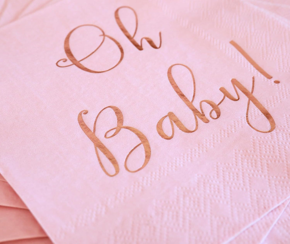 Baby Shower Napkins - 50 Pack Disposable Paper Luncheon Cocktail Napkins with Foil "Oh Baby!" Folded 6.5"x6.5" for Girl Baby Shower Party (Pink with Rose Gold)