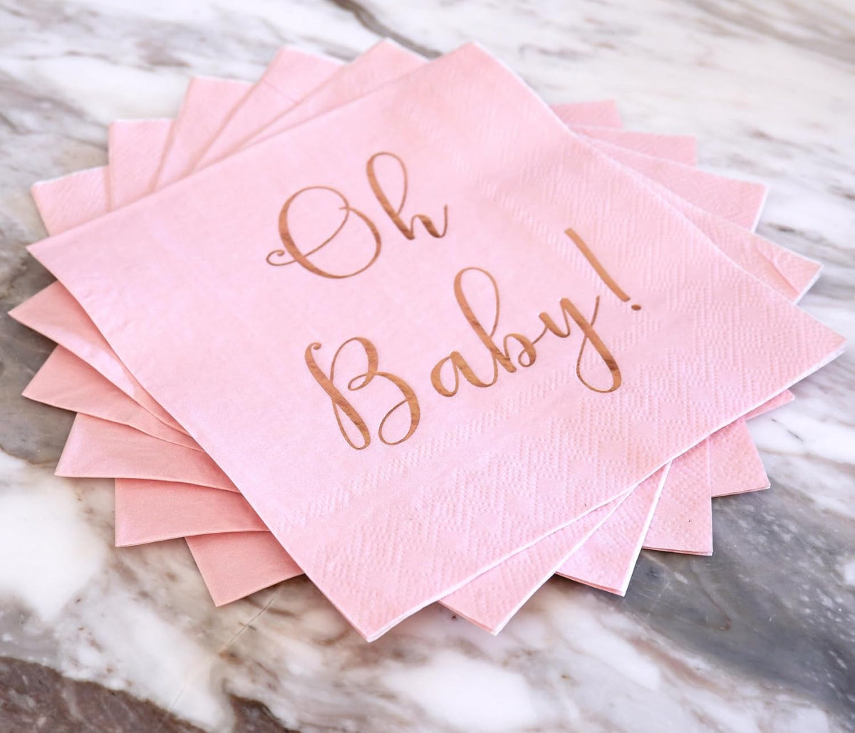 Baby Shower Napkins - 50 Pack Disposable Paper Luncheon Cocktail Napkins with Foil "Oh Baby!" Folded 6.5"x6.5" for Girl Baby Shower Party (Pink with Rose Gold)