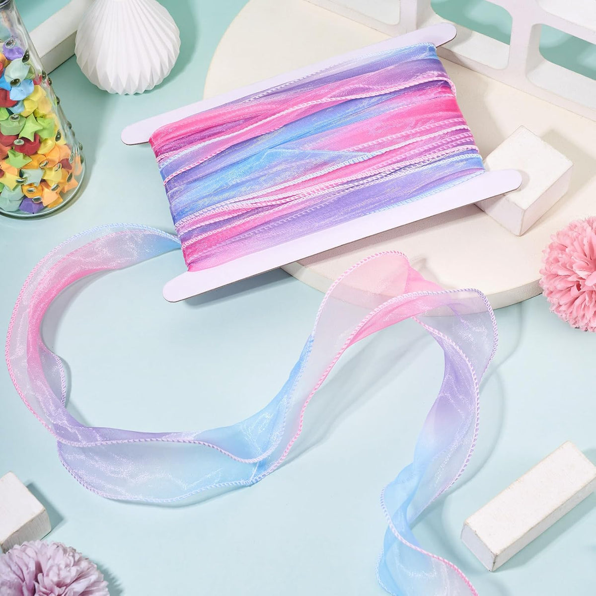 Elecrelive 10 Yards Rainbow Iridescent Chiffon Ribbons Pastel Sheer Ribbon