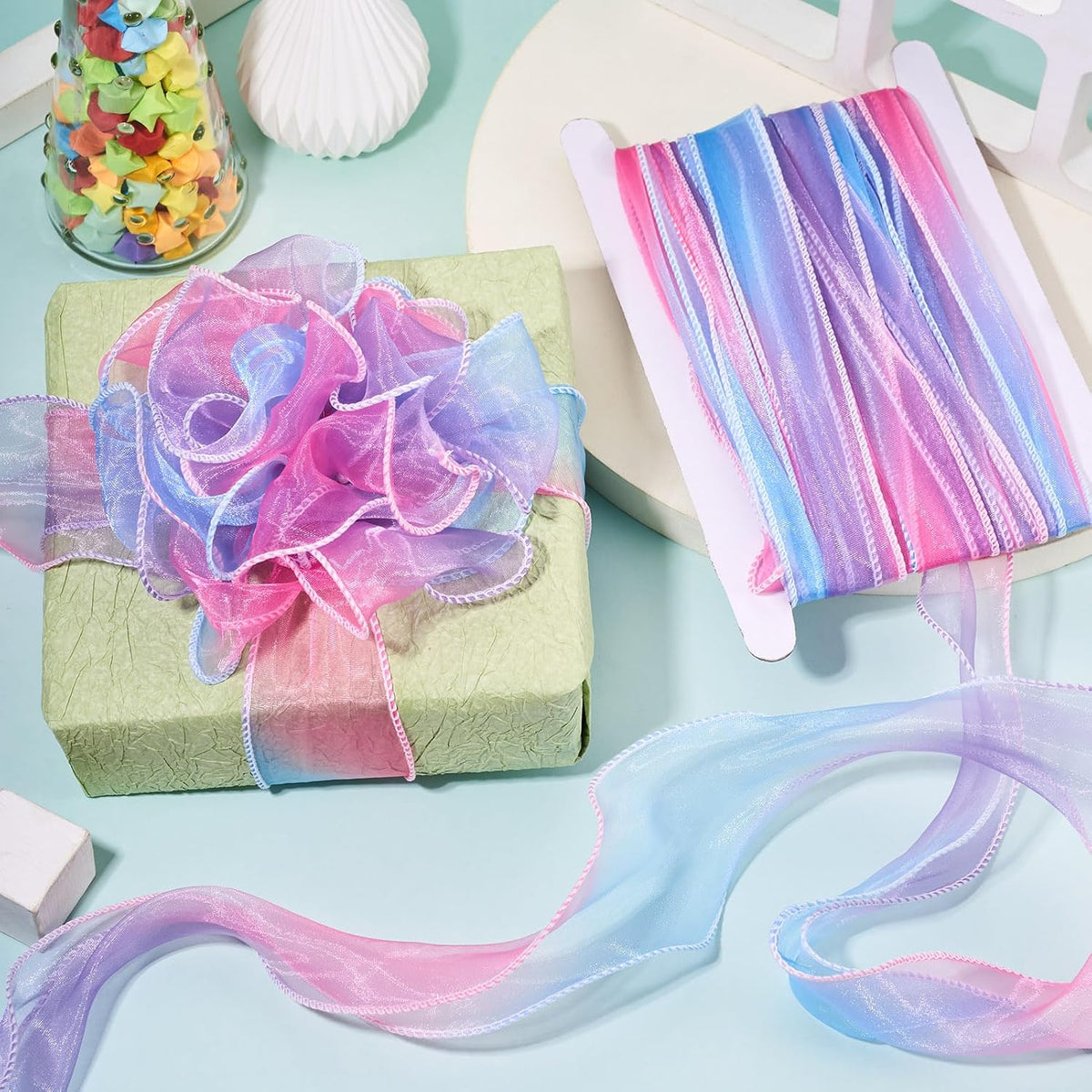 Elecrelive 10 Yards Rainbow Iridescent Chiffon Ribbons Pastel Sheer Ribbon