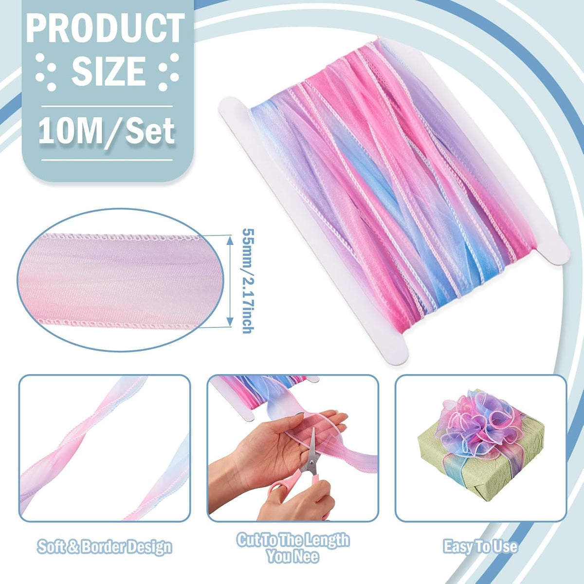 Elecrelive 10 Yards Rainbow Iridescent Chiffon Ribbons Pastel Sheer Ribbon