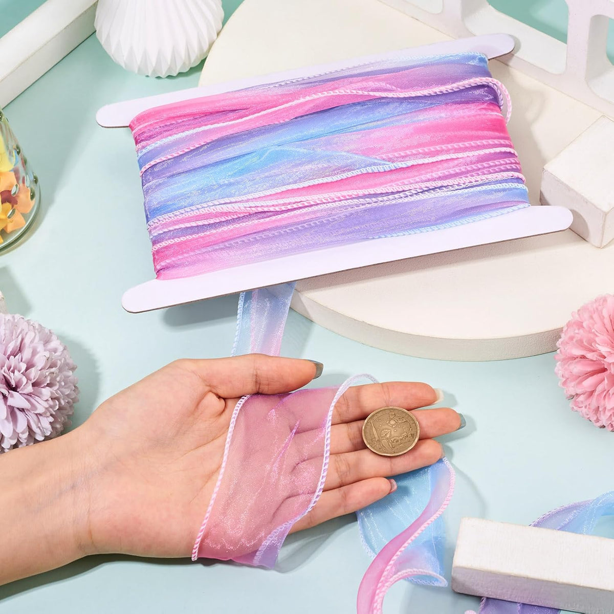 Elecrelive 10 Yards Rainbow Iridescent Chiffon Ribbons Pastel Sheer Ribbon