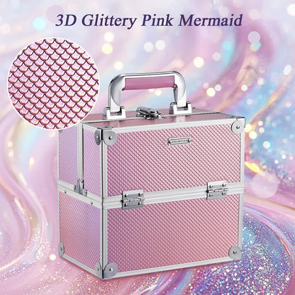 Makeup Case Makeup Box Cosmetic Organizer Case Portable Make Up Artist Travel Case Storage Box 4 Trays with Dividers Lockable Hard Train Case Nail Tech Supply Storage Mermaid Pink