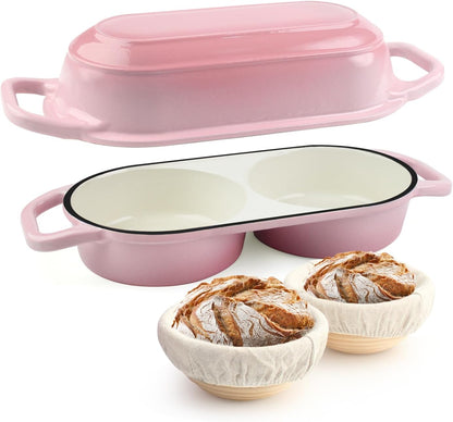 Mini Double Dutch Oven with Lid for Sourdough Bread Baking (Pink)
