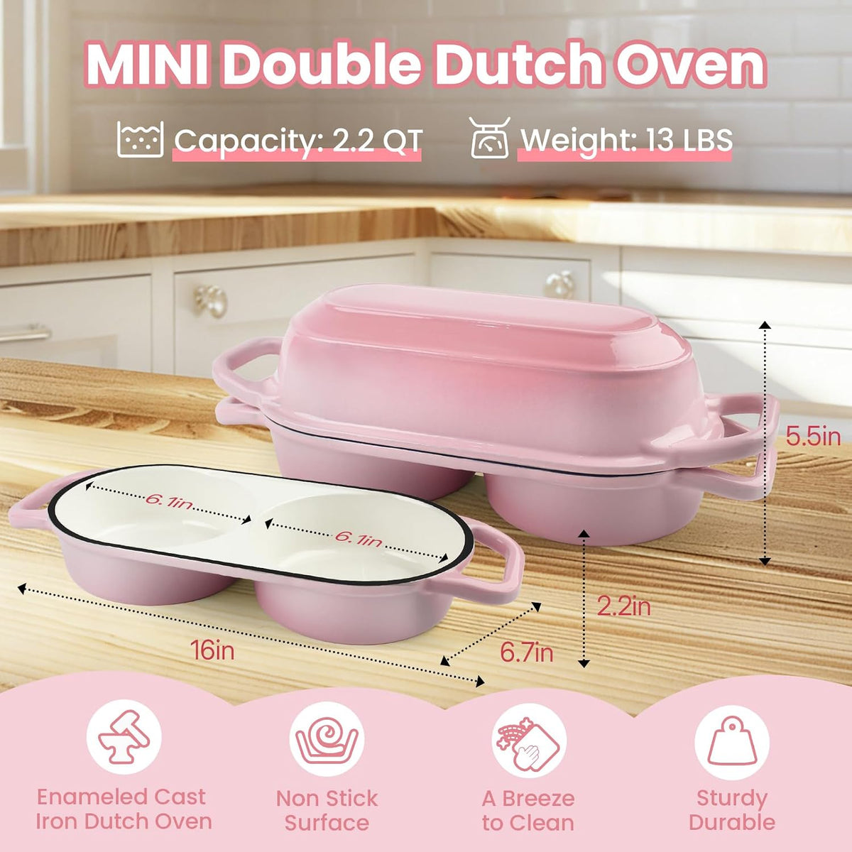 Mini Double Dutch Oven with Lid for Sourdough Bread Baking (Pink)