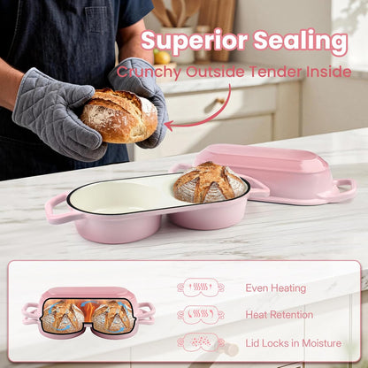 Mini Double Dutch Oven with Lid for Sourdough Bread Baking (Pink)