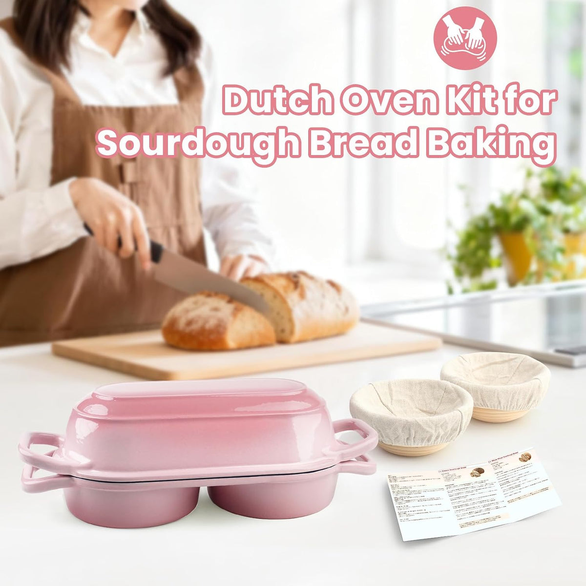 Mini Double Dutch Oven with Lid for Sourdough Bread Baking (Pink)