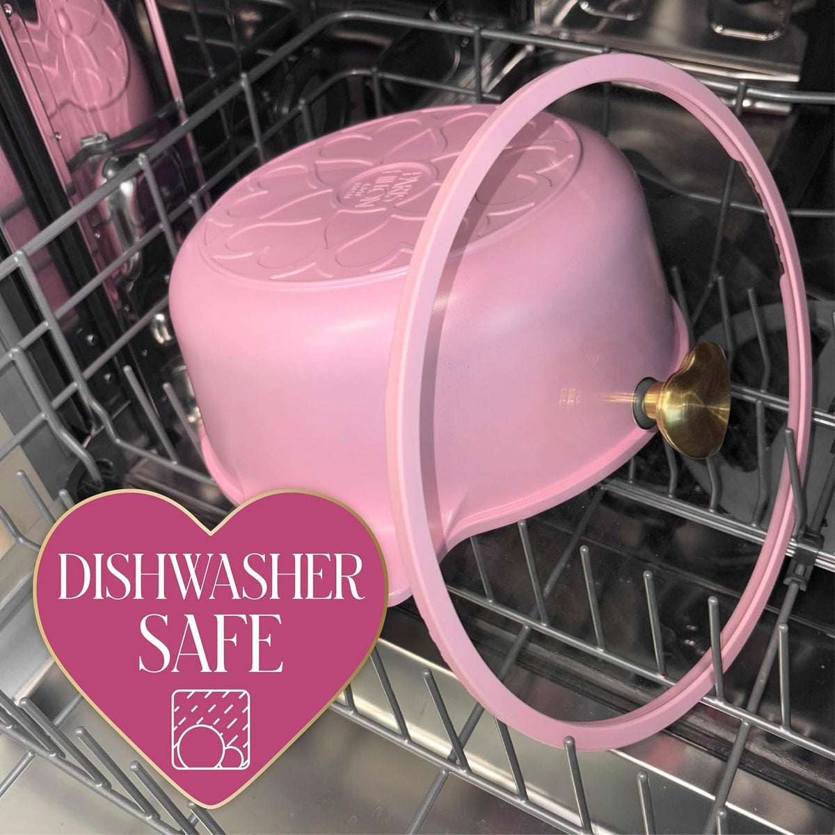 Paris Hilton Cast Aluminum Dutch Oven with Lid, Ceramic Nonstick Coating Made Without PFAS, PFOA, PFOS & PTFE, Heart Knob, 4.3-Quart, Pink