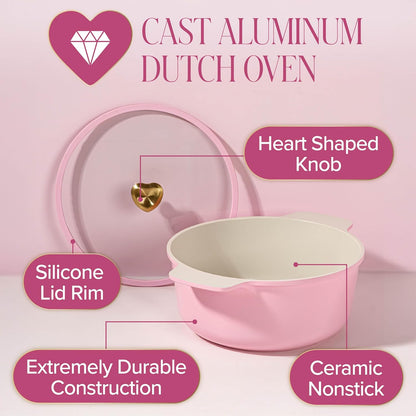 Paris Hilton Cast Aluminum Dutch Oven with Lid, Ceramic Nonstick Coating Made Without PFAS, PFOA, PFOS & PTFE, Heart Knob, 4.3-Quart, Pink