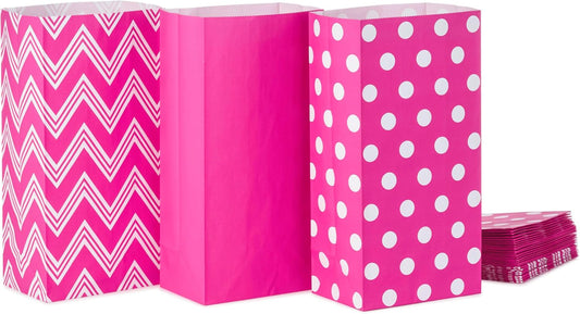 Pink Party Favor and Wrapped Treat Bags, Assorted Designs (30 Ct., 10 Each of Chevron, White Dots, Solid) for Valentines Day, Baby Showers, Bridal Showers, Birthdays, Care Packages, May Day