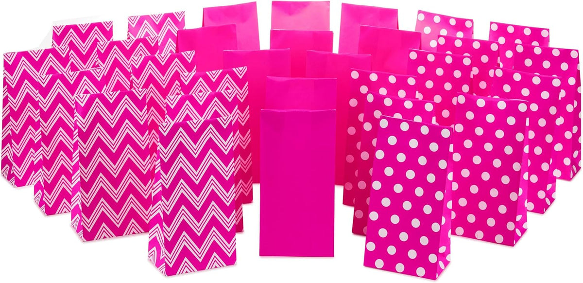 Pink Party Favor and Wrapped Treat Bags, Assorted Designs (30 Ct., 10 Each of Chevron, White Dots, Solid) for Valentines Day, Baby Showers, Bridal Showers, Birthdays, Care Packages, May Day