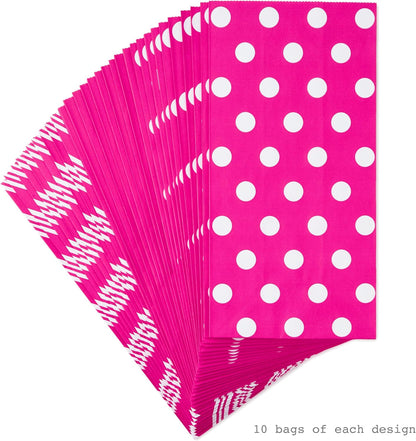 Pink Party Favor and Wrapped Treat Bags, Assorted Designs (30 Ct., 10 Each of Chevron, White Dots, Solid) for Valentines Day, Baby Showers, Bridal Showers, Birthdays, Care Packages, May Day