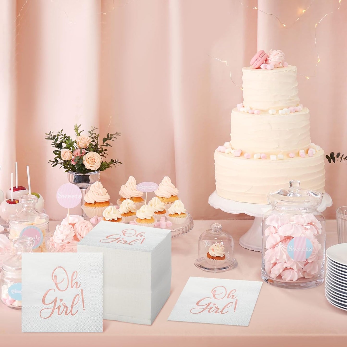 Fuyoooo 100 Pcs Baby Shower Napkins Paper Luncheon Beverage Napkins for Baby Shower Foil Guest Serviette 5 x 5 Inch for Boy Girl Welcome Party Dinner Cocktail Decorations (Pink)