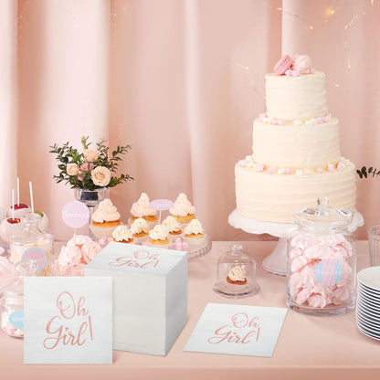 Fuyoooo 100 Pcs Baby Shower Napkins Paper Luncheon Beverage Napkins for Baby Shower Foil Guest Serviette 5 x 5 Inch for Boy Girl Welcome Party Dinner Cocktail Decorations (Pink)