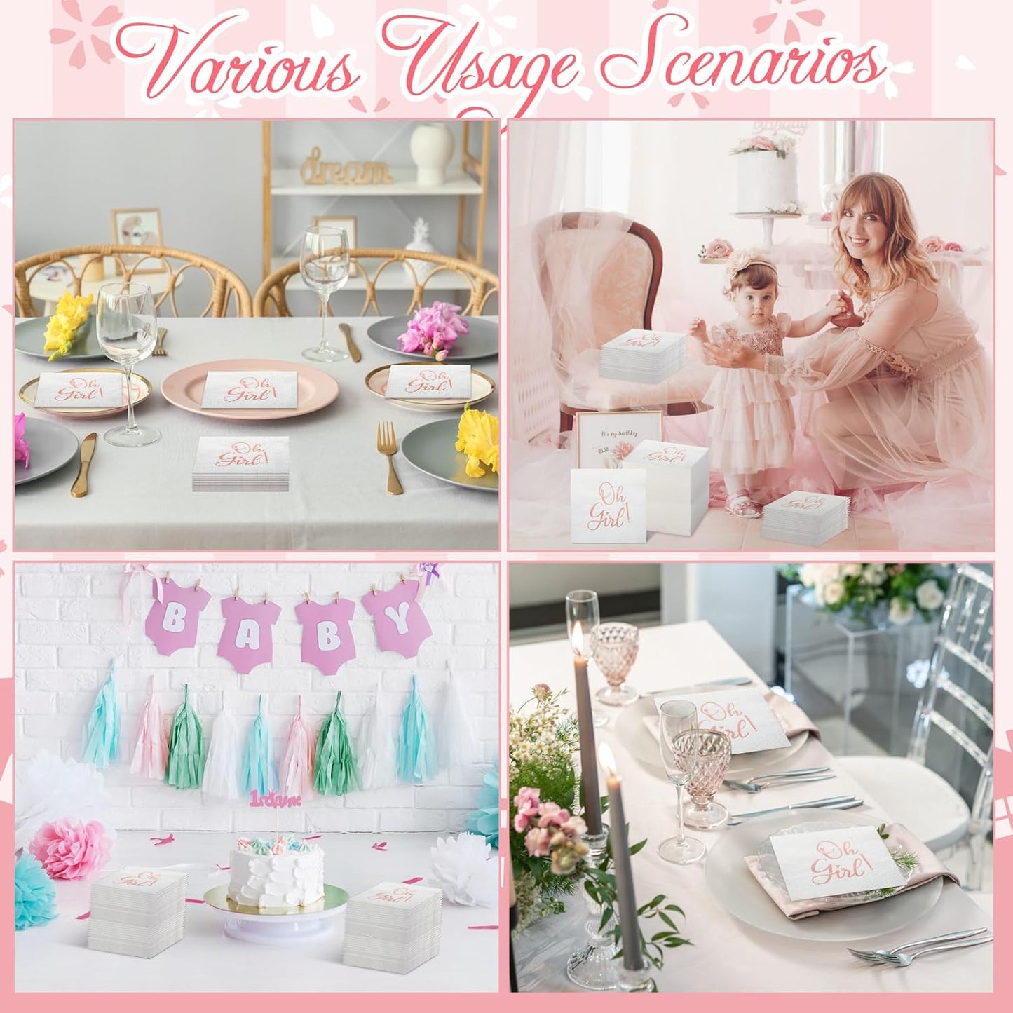Fuyoooo 100 Pcs Baby Shower Napkins Paper Luncheon Beverage Napkins for Baby Shower Foil Guest Serviette 5 x 5 Inch for Boy Girl Welcome Party Dinner Cocktail Decorations (Pink)