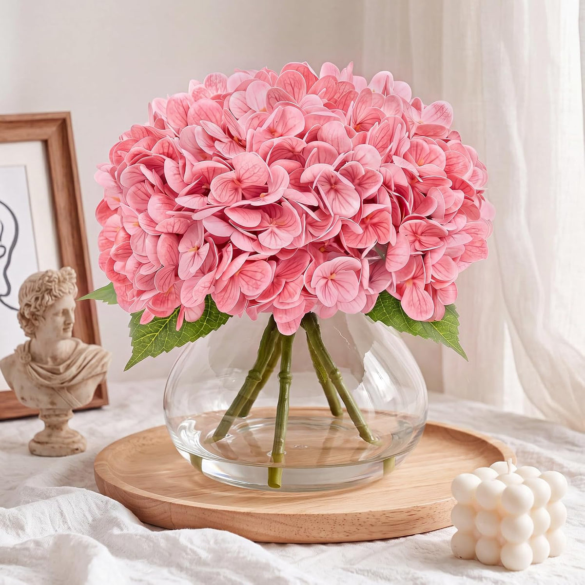 Hydrangea Artificial Flowers with Vase, Real Touch Latex, Pink