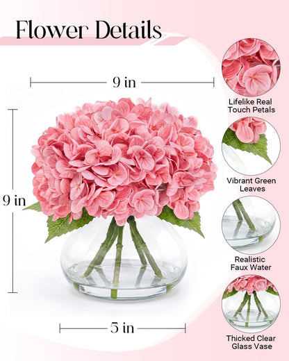 Hydrangea Artificial Flowers with Vase, Real Touch Latex, Pink