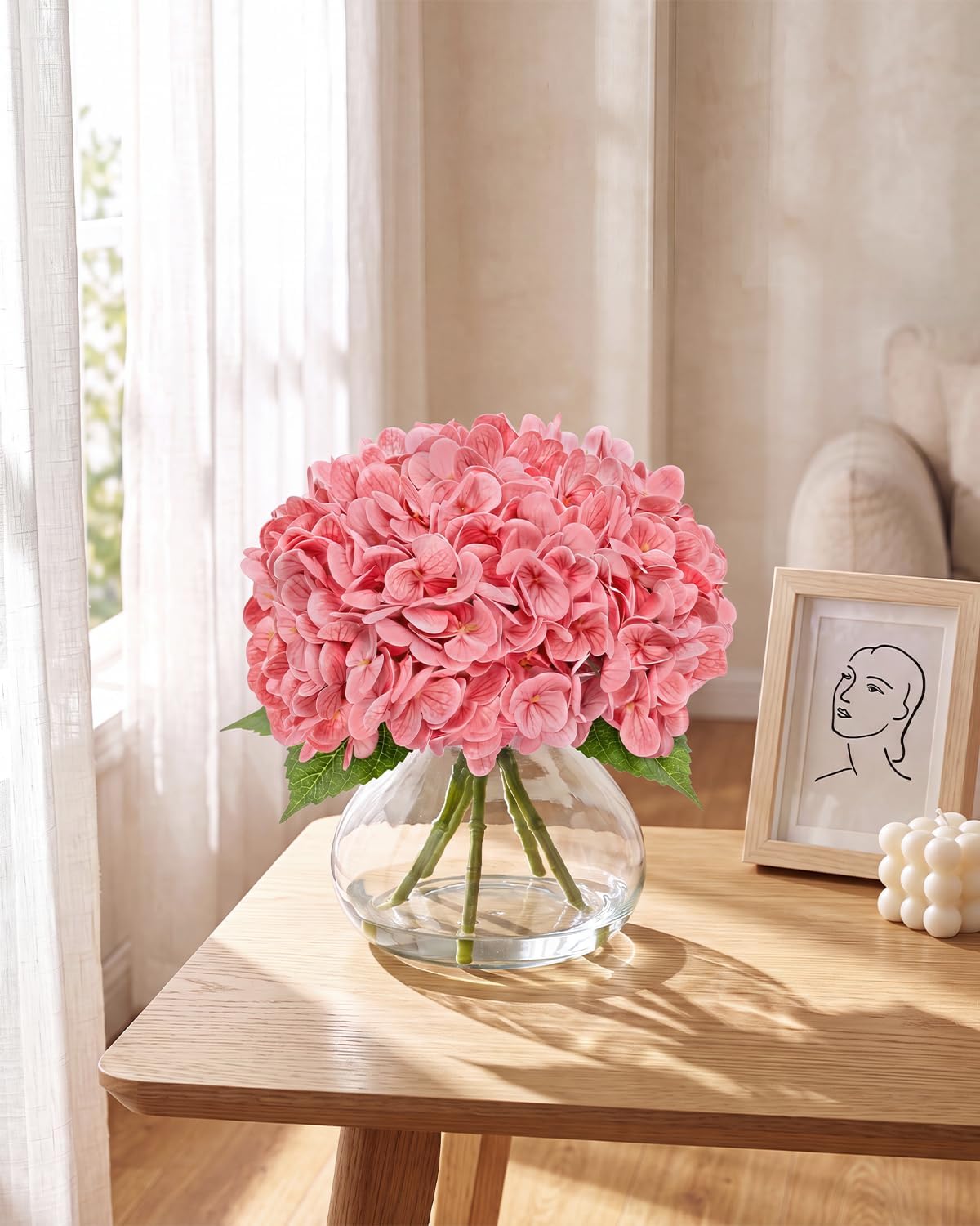 Hydrangea Artificial Flowers with Vase, Real Touch Latex, Pink