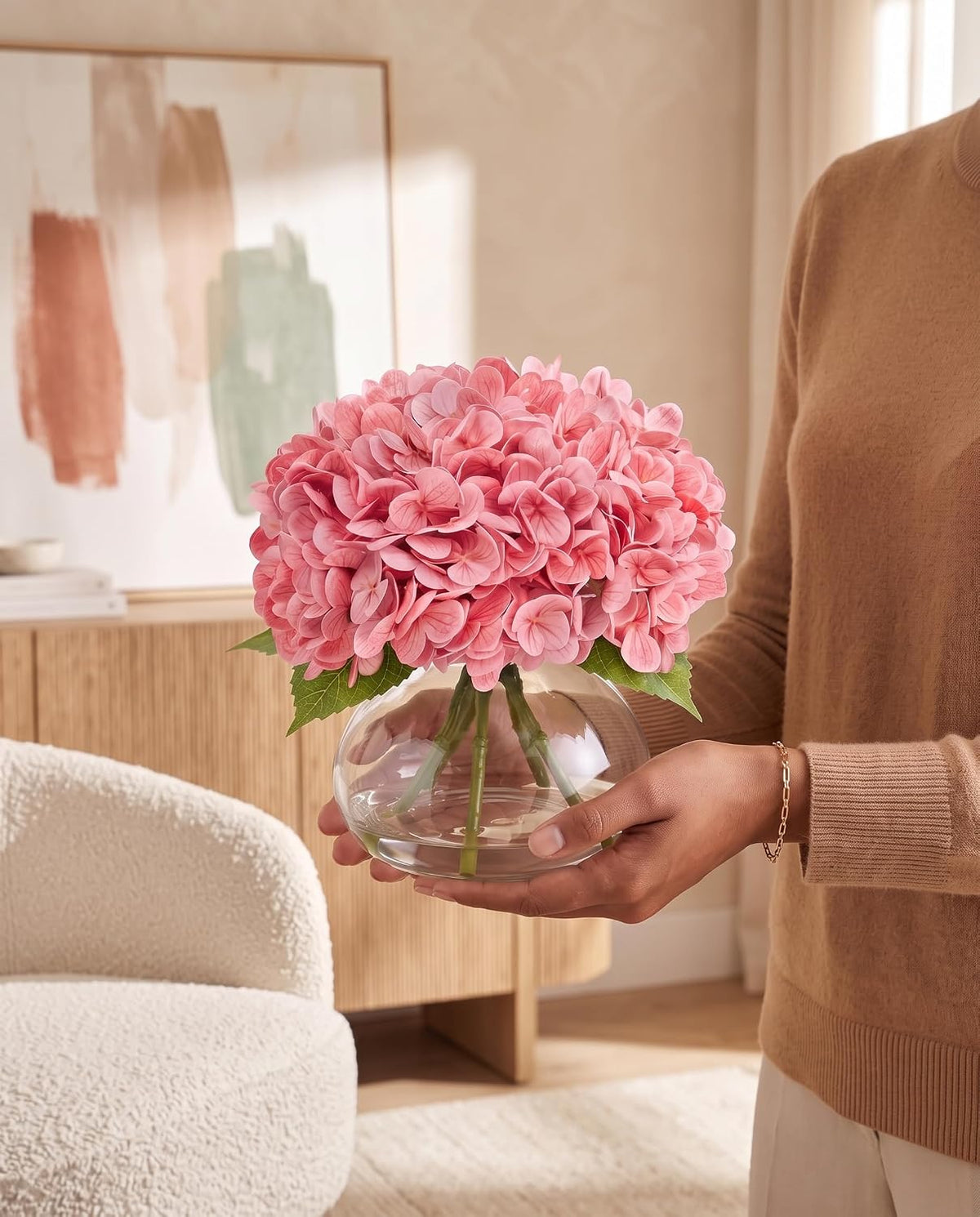 Hydrangea Artificial Flowers with Vase, Real Touch Latex, Pink