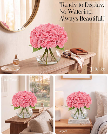 Hydrangea Artificial Flowers with Vase, Real Touch Latex, Pink