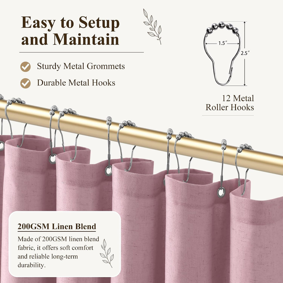 Blush Pink Linen Fabric Shower Curtains for Bathroom, 72x72