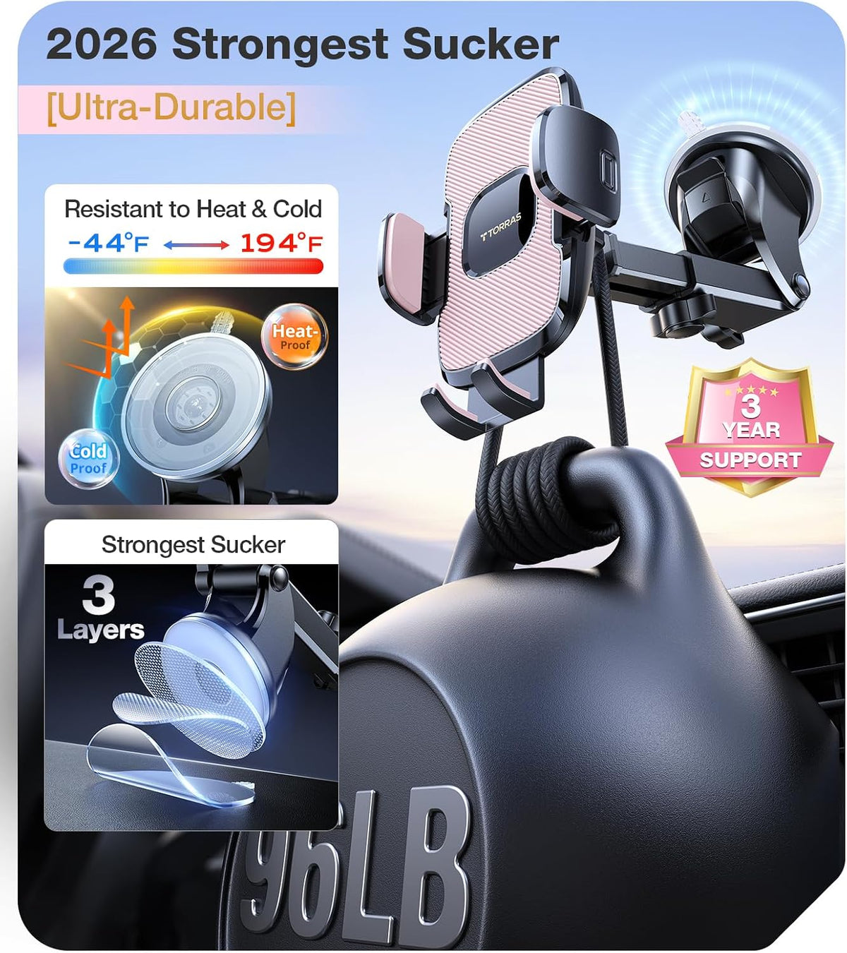 Pink Phone Holders for Your Car【Ultra-Durable & Strongest Suction】, Universal Car Phone Holder Mount Truck Cradle Stand for Dashboard Windshield Vent, Pink Car Accessories