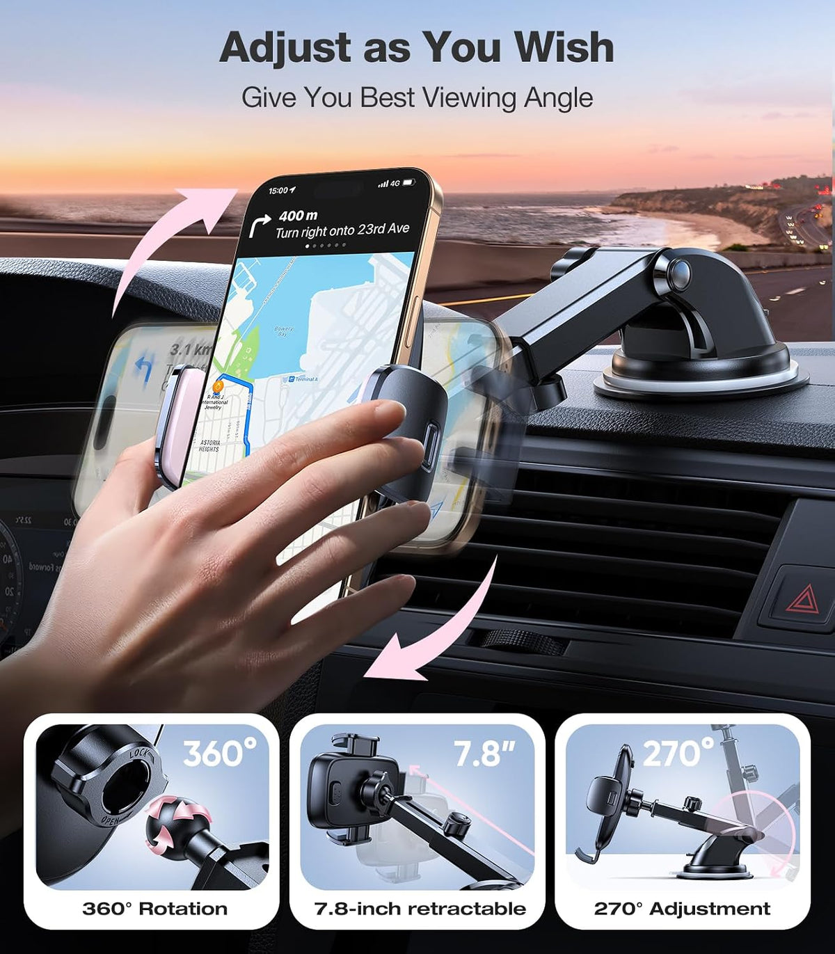 Pink Phone Holders for Your Car【Ultra-Durable & Strongest Suction】, Universal Car Phone Holder Mount Truck Cradle Stand for Dashboard Windshield Vent, Pink Car Accessories