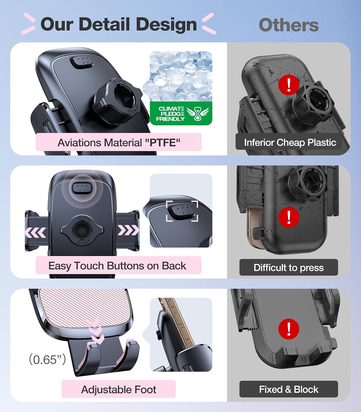 Pink Phone Holders for Your Car【Ultra-Durable & Strongest Suction】, Universal Car Phone Holder Mount Truck Cradle Stand for Dashboard Windshield Vent, Pink Car Accessories