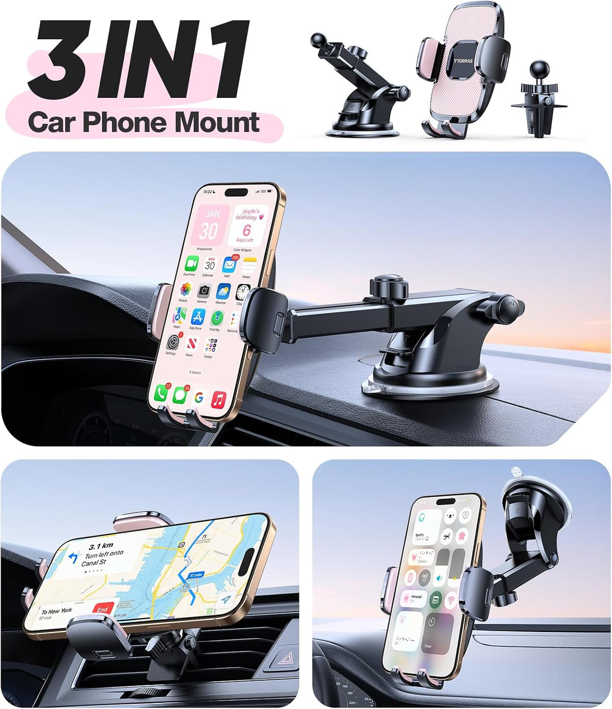 Pink Phone Holders for Your Car【Ultra-Durable & Strongest Suction】, Universal Car Phone Holder Mount Truck Cradle Stand for Dashboard Windshield Vent, Pink Car Accessories