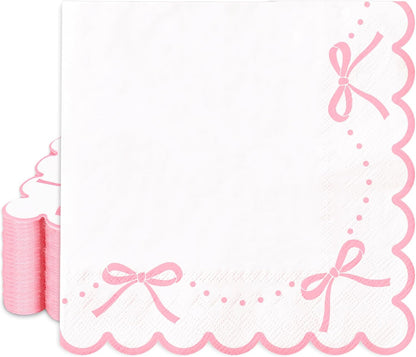 JarThenaAMCS 100 Pcs Pink Bow Scalloped Paper Napkin Coquette Bowknot Napkin Disposable Luncheon Dinner Napkins for Home Kitchen Party Supplies