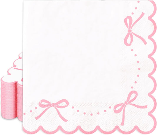 JarThenaAMCS 100 Pcs Pink Bow Scalloped Paper Napkin Coquette Bowknot Napkin Disposable Luncheon Dinner Napkins for Home Kitchen Party Supplies